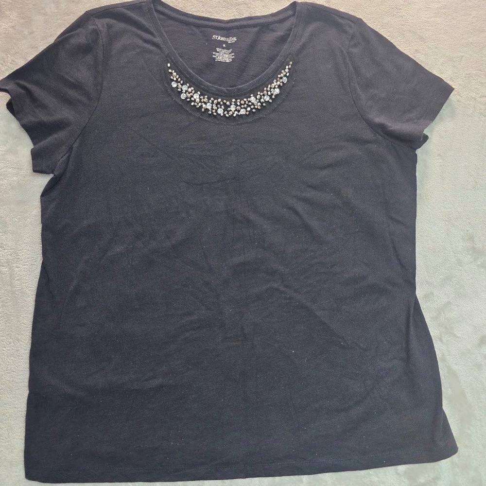 St Johns Bay Womens Black Embellished Scoop Neck Short Sleeve T-Shirt XL
